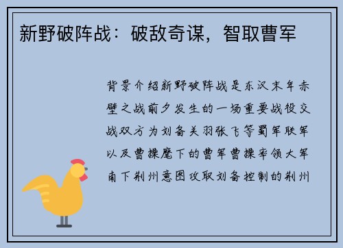 新野破阵战：破敌奇谋，智取曹军
