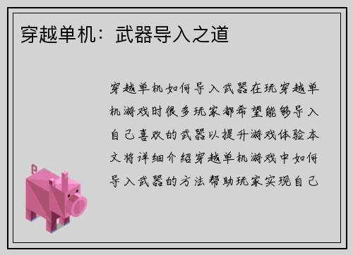 穿越单机：武器导入之道